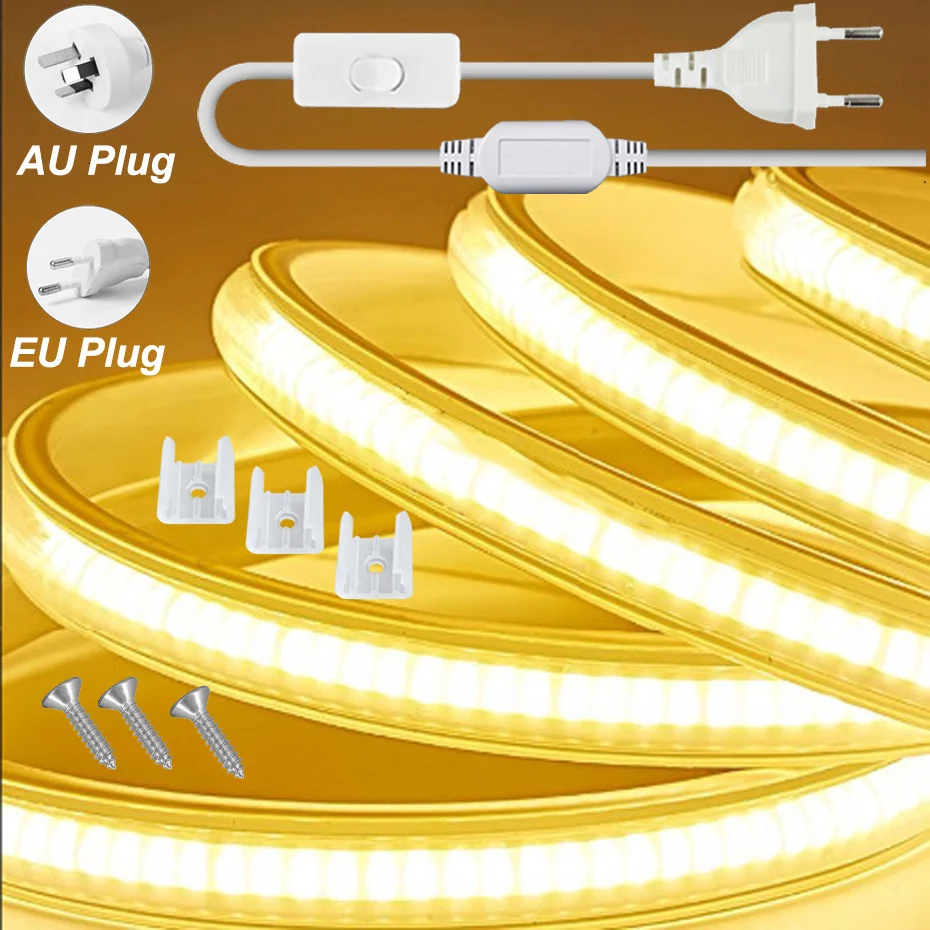 Super Bright 220V COB LED Strip Light 288LEDs/m IP65 Waterproof with EU/AU Switch Plug CW/WW/NW for Room Garden Decor Lighting
Super Bright 220V COB LED Strip Light 288LEDs/m IP65 Waterproof with EU/AU Switch Plug CW/WW/NW for Room Garden Decor Lighting