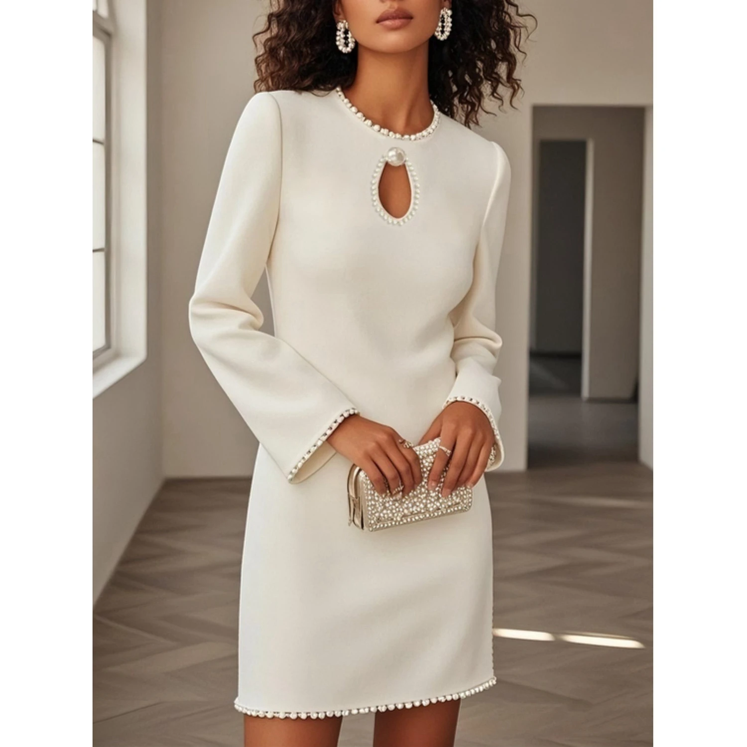 Women's Elegant White Pearl Beaded Long Sleeve Mini Dress Keyhole Neck Cocktail Party Wedding Guest Dress
Women's Elegant White Pearl Beaded Long Sleeve Mini Dress Keyhole Neck Cocktail Party Wedding Guest Dress