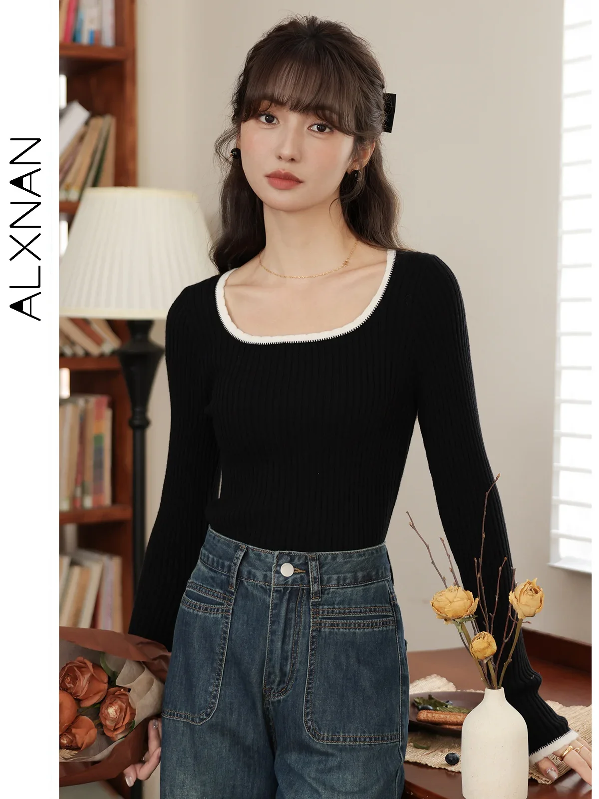 ALXNAN Black Sweater Women Elegant Square Collar Knitted Pullovers Slim-fit Long Sleeve Knitwear Female Tops LXN320107 
ALXNAN Black Sweater Women Elegant Square Collar Knitted Pullovers Slim-fit Long Sleeve Knitwear Female Tops LXN320107