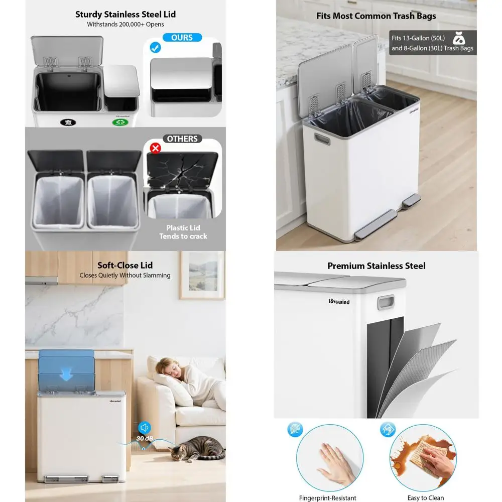 White Dual-Compartment Kitchen Trash and Recycling Bin with Soft-Close Lid, 14+6 Gallons
White Dual-Compartment Kitchen Trash and Recycling Bin with Soft-Close Lid, 14+6 Gallons