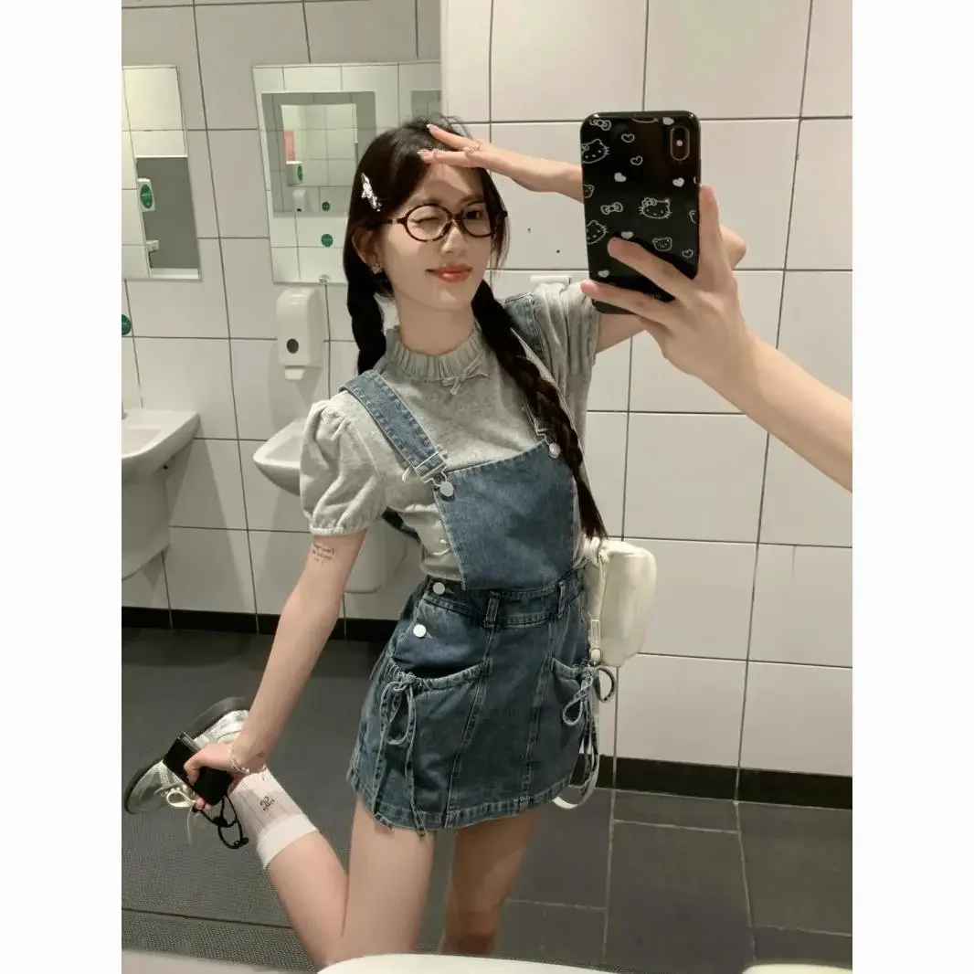 Korean Fashion New Sweet Girls Two Piece Sets Ruched O Neck Puff Sleeve T-shirt + Denim Slim Waist A Line Mini Strap Dresses
Korean Fashion New Sweet Girls Two Piece Sets Ruched O Neck Puff Sleeve T-shirt + Denim Slim Waist A Line Mini Strap Dresses