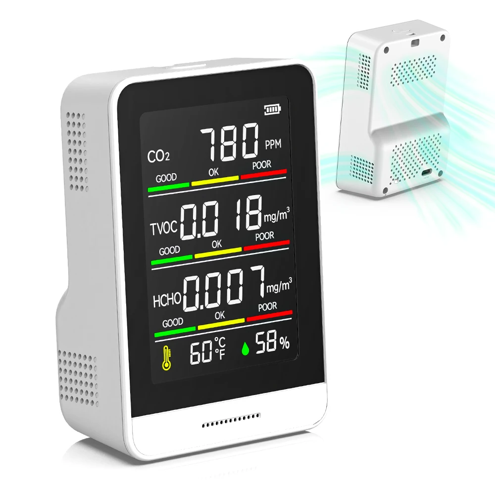 Air Quality Monitor Indoor 5-in-1 CO2, HCHO, TVOC, Temp & Hum Real-time Tester for Home Office Car Smart Visual Alarm Monitor
Air Quality Monitor Indoor 5-in-1 CO2, HCHO, TVOC, Temp & Hum Real-time Tester for Home Office Car Smart Visual Alarm Monitor