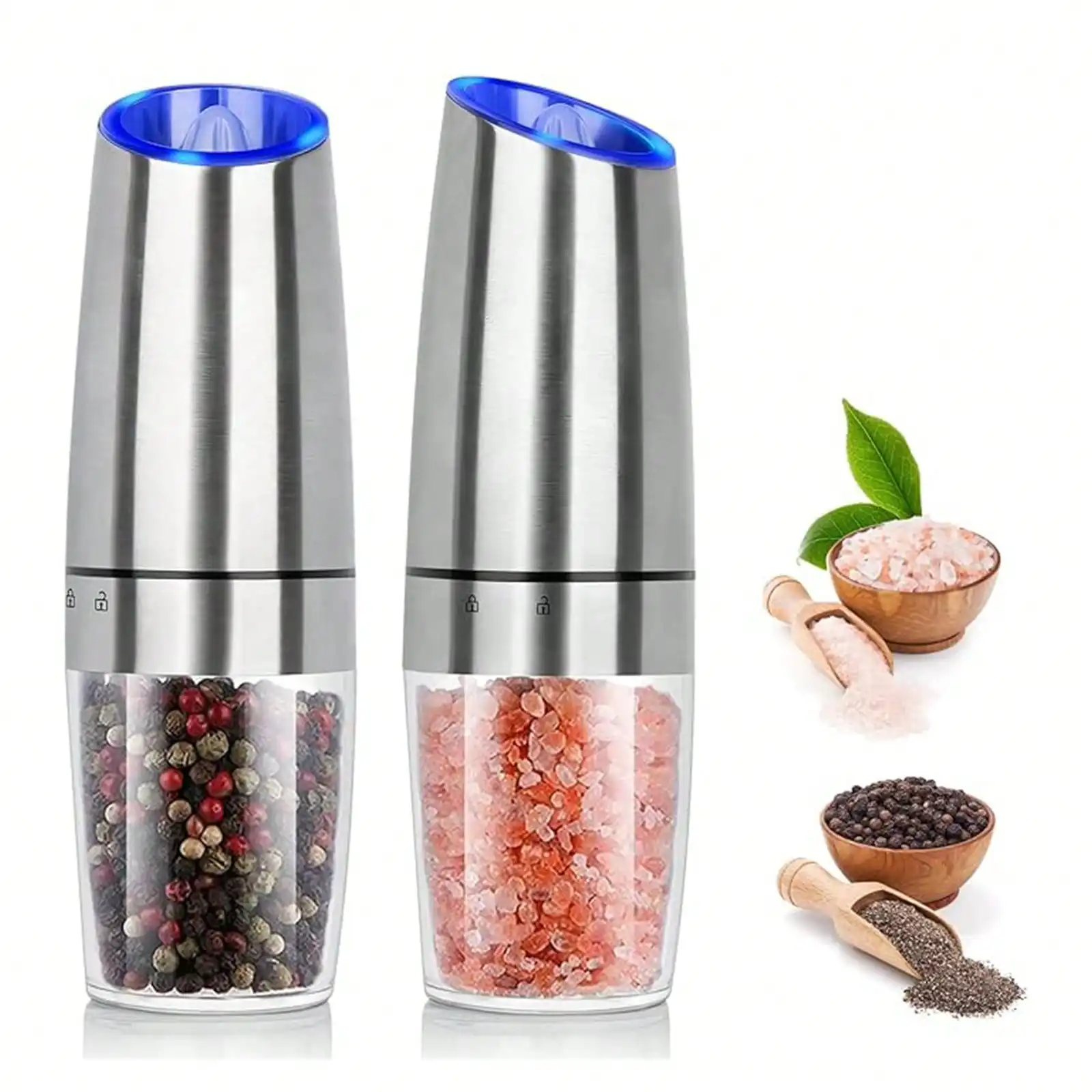 2 Pack, Gravity Salt And Pepper Mill Set, Battery Powered With LED Light, Adjustable Coarseness, One Hand Automatic Pepper Mill For Kitchen And BBQ, Silver(Without Battery)
2 Pack, Gravity Salt And Pepper Mill Set, Battery Powered With LED Light, Adjustable Coarseness, One Hand Automatic Pepper Mill For Kitchen And BBQ, Silver(Without Battery)