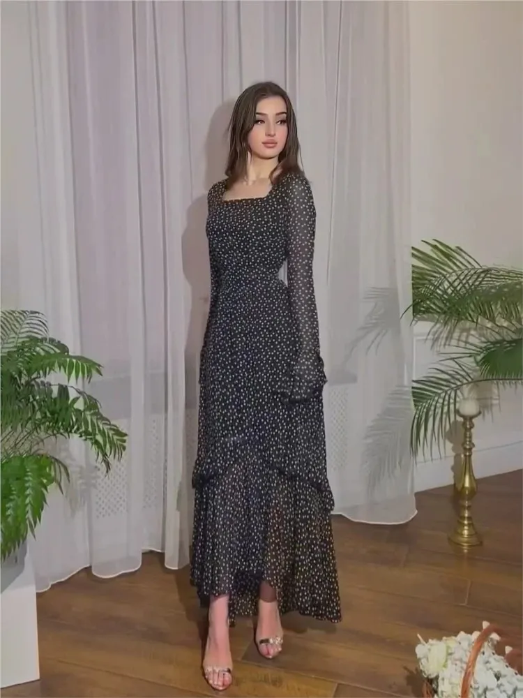 Women Temperament All-match V-neck Puff Sleeves Ruffles Slim Long Dress Vintage Polka Dot Print Dresses Vestidos Female Spring
Women Temperament All-match V-neck Puff Sleeves Ruffles Slim Long Dress Vintage Polka Dot Print Dresses Vestidos Female Spring