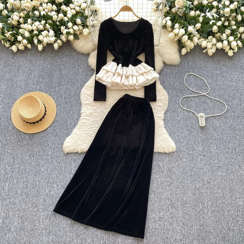 Высококачественный французский стиль, талия, ногти, ромбовидный лист лотоса, подол, топ с длинными рукавами, бархатная юбка с высокой талией, комплект из двух предметов
Высококачественный французский стиль, талия, ногти, ромбовидный лист лотоса, подол, топ с длинными рукавами, бархатная юбка с высокой талией, комплект из двух предметов