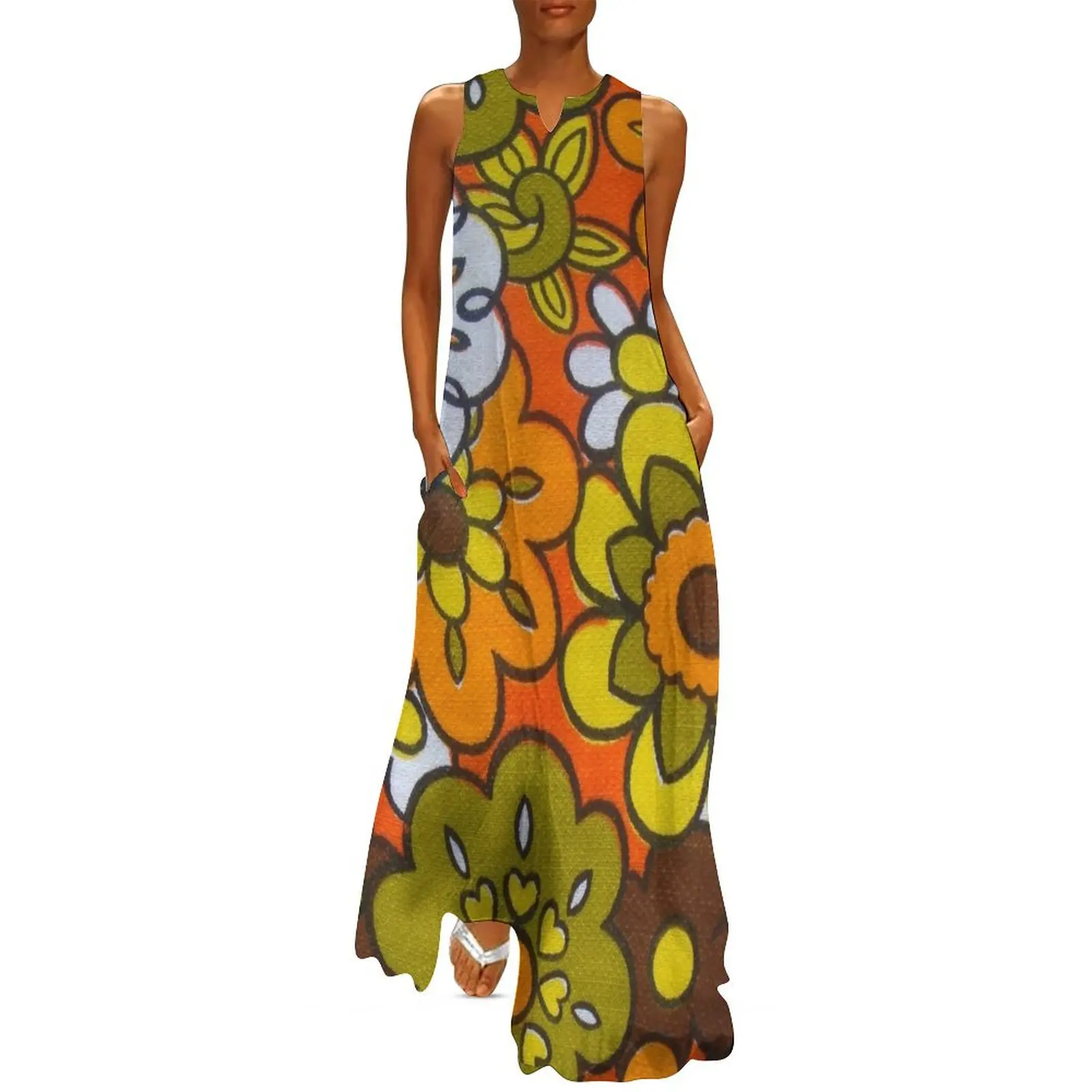 Retro Cool Mid Century Floral Fabric Design in Avocado Green, Harvest Gold, Brown, and Orange Long Dress
Retro Cool Mid Century Floral Fabric Design in Avocado Green, Harvest Gold, Brown, and Orange Long Dress