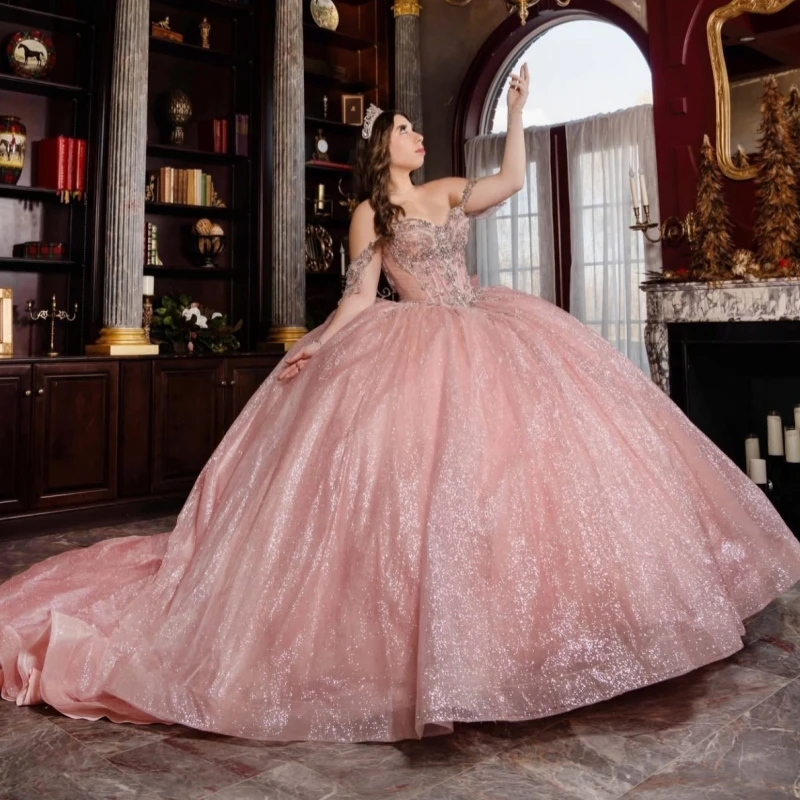 Pink Shiny Quinceanera Dresses Ball Gown Off The Shoulder Beading Crystal Corset Bow Tull Party Birthday Sweet 16 Dress Vestidos
Pink Shiny Quinceanera Dresses Ball Gown Off The Shoulder Beading Crystal Corset Bow Tull Party Birthday Sweet 16 Dress Vestidos