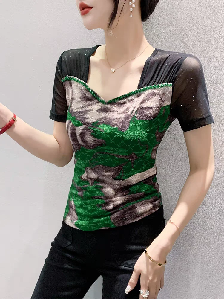 Summer New Patchwork Mesh T Shirts Women Square Collar Short Sleeve T-shirts Tops Girls Sheath Tee Shirts For Female
Summer New Patchwork Mesh T Shirts Women Square Collar Short Sleeve T-shirts Tops Girls Sheath Tee Shirts For Female