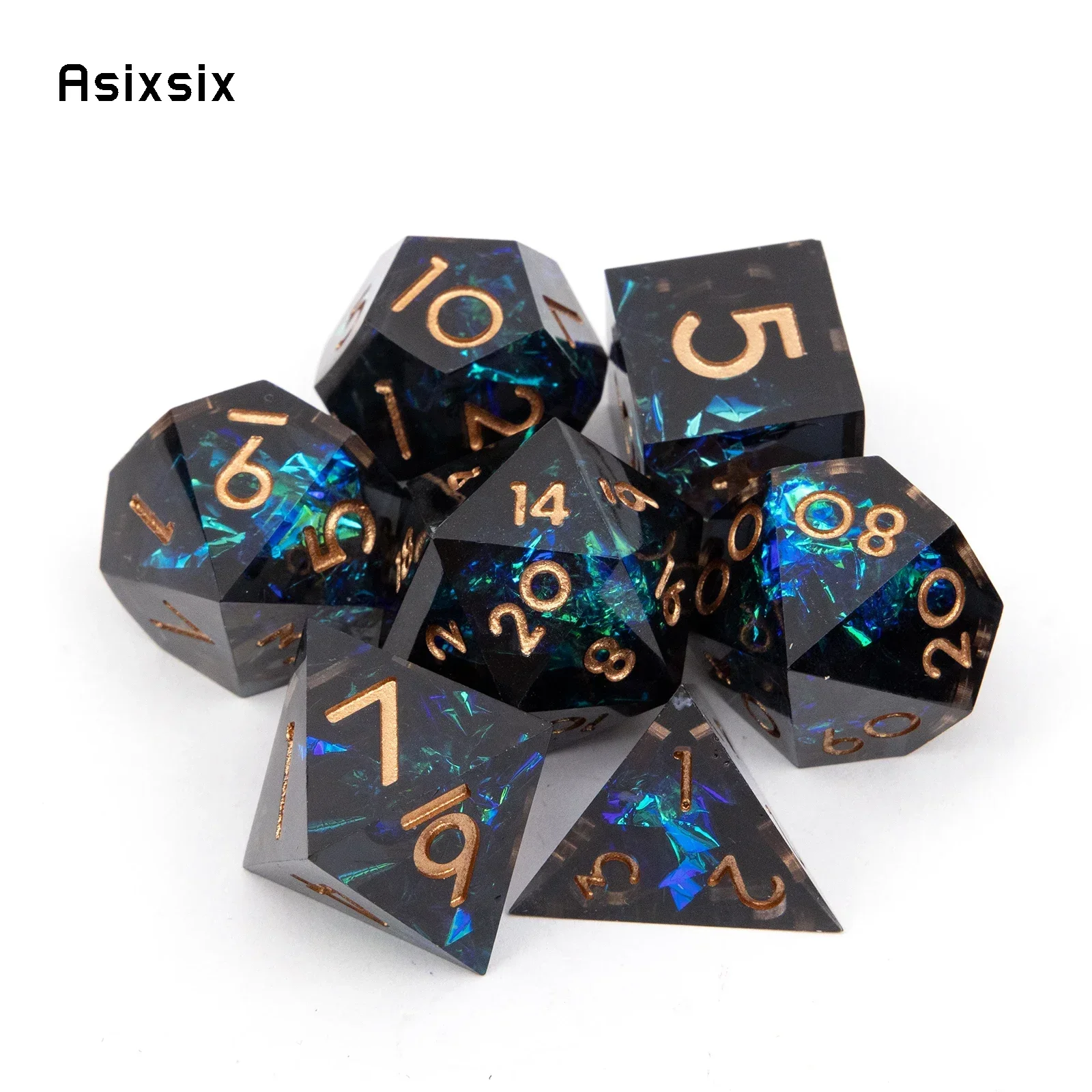 7 Pcs Black Blue Resin Golden Number Sharp Edge Dice Polyhedral Dice Suitable For Role-Playing Game
7 Pcs Black Blue Resin Golden Number Sharp Edge Dice Polyhedral Dice Suitable For Role-Playing Game