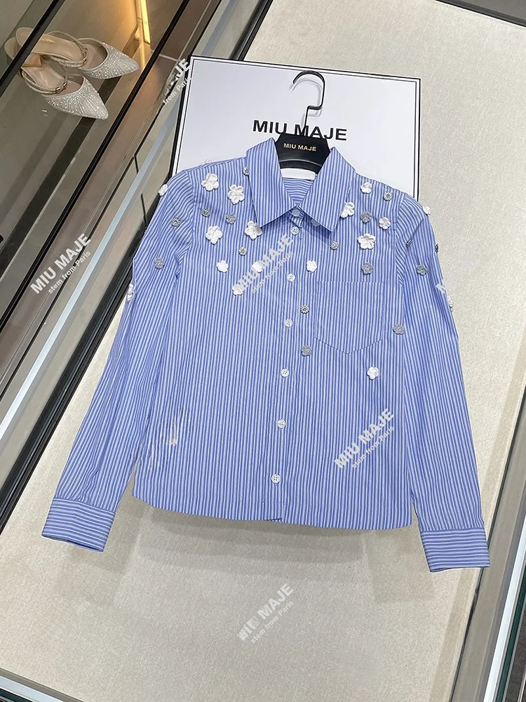 High-End Autumnal Women's irt with 3D Floral Embelliment And Stripe Pattern Collared Top by Nan You Commuter Straight Cut
High-End Autumnal Women's irt with 3D Floral Embelliment And Stripe Pattern Collared Top by Nan You Commuter Straight Cut