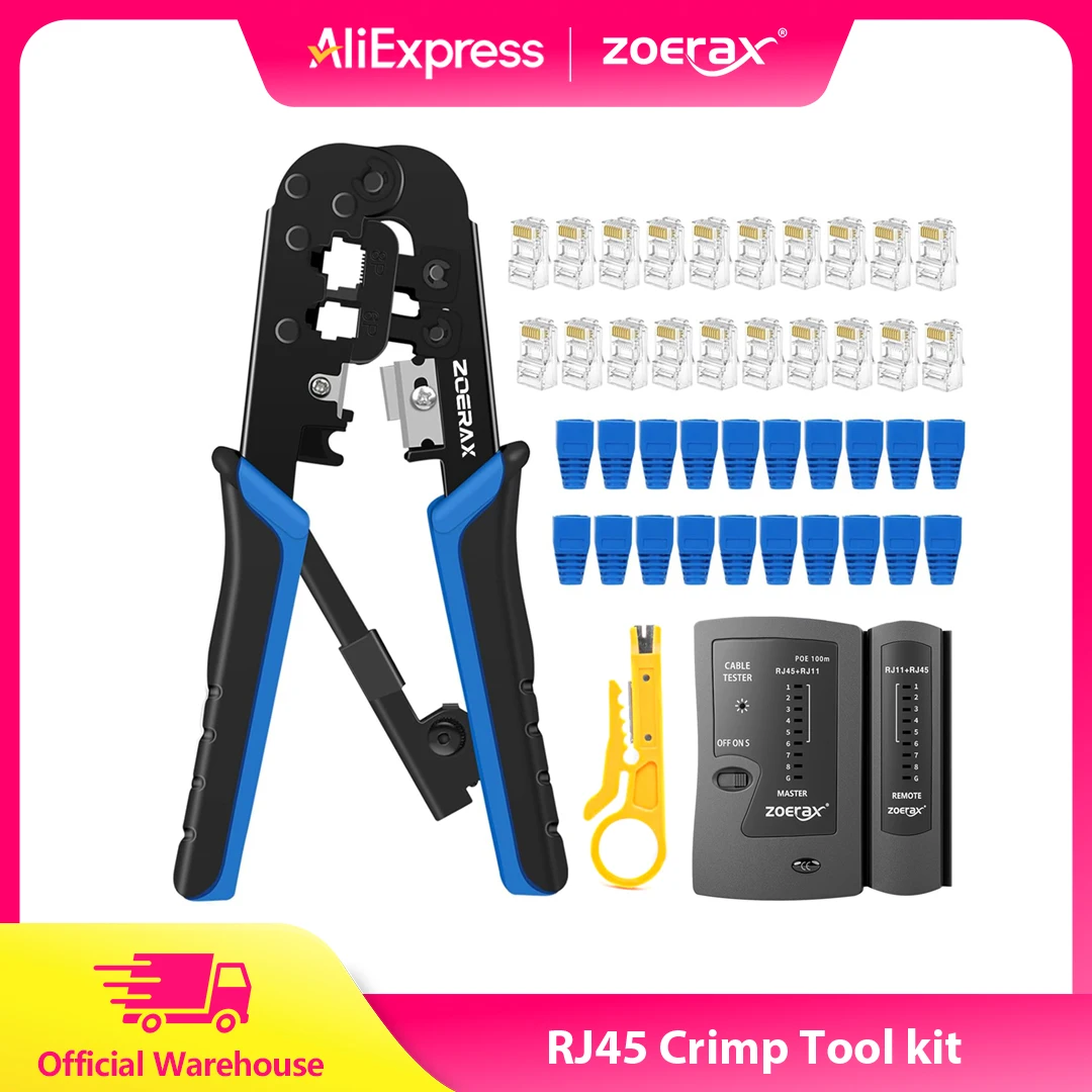 ZOERAX RJ45 Cat6 Crimping Tool Kit with RJ11/12/45 Crimper, 20PCS Cat6 Connectors and Covers,Network Cable Tester,Wire Stripper
ZOERAX RJ45 Cat6 Crimping Tool Kit with RJ11/12/45 Crimper, 20PCS Cat6 Connectors and Covers,Network Cable Tester,Wire Stripper