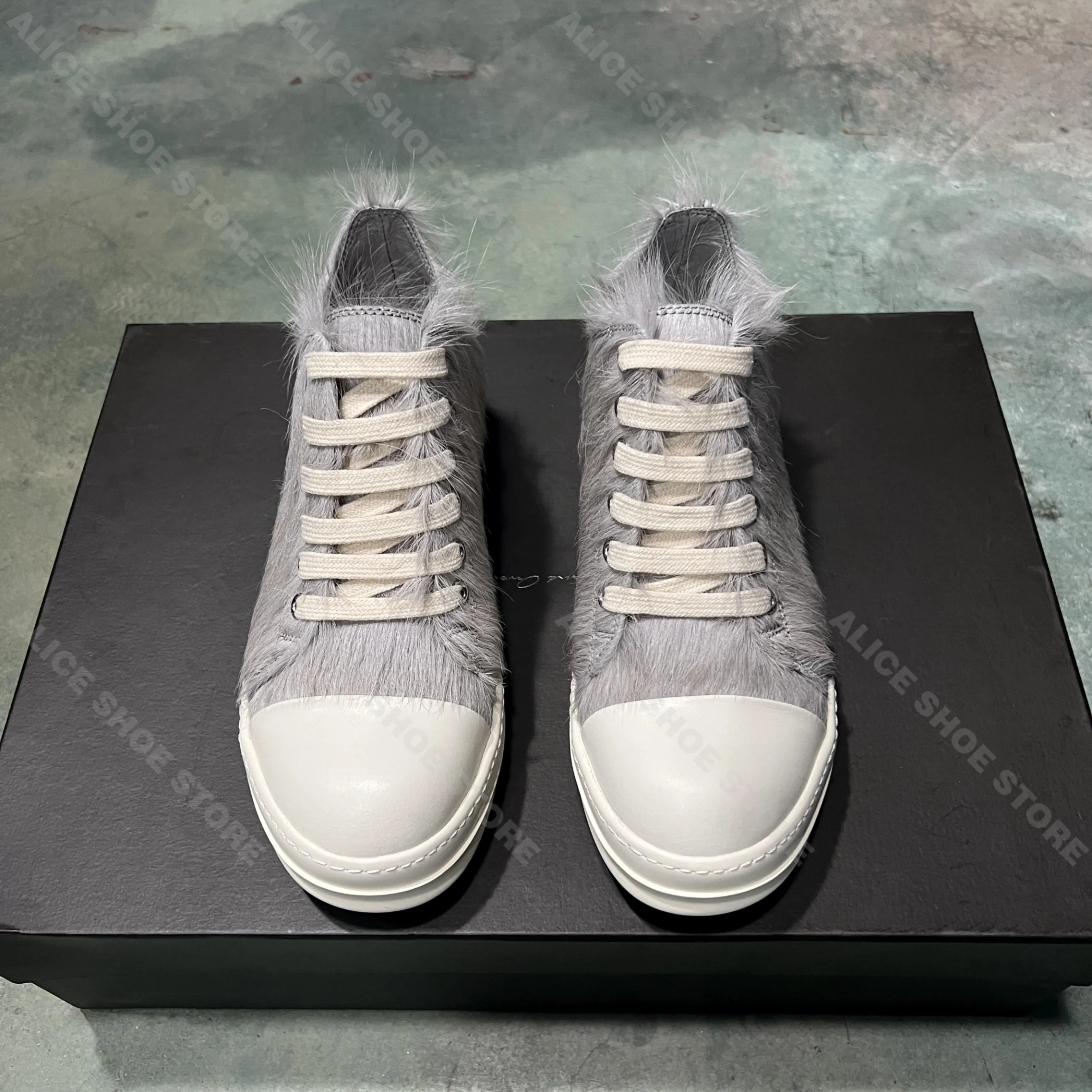 Ricks Casual Women Shoe Horse Fur Leather Men Sneaker Grey Low Top owens Lace Up Quality Designer Fashion Thick-sole Flat Shoe
Ricks Casual Women Shoe Horse Fur Leather Men Sneaker Grey Low Top owens Lace Up Quality Designer Fashion Thick-sole Flat Shoe