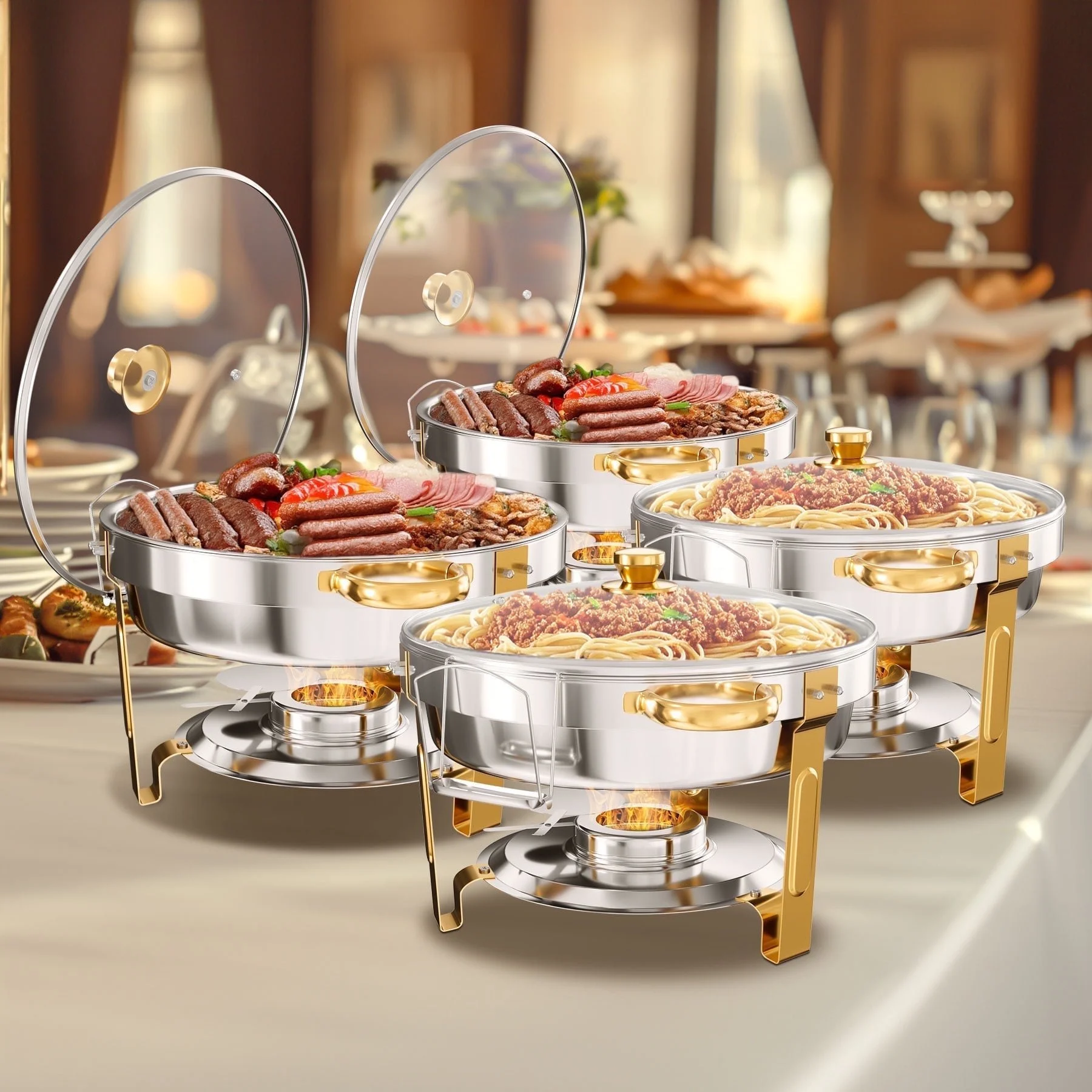 5QT 2/4 Pack Gold Chafing Dish Food Warmers Set Stainless Steel Chafers Buffet Warmers Sets with Glass Lid Gas Fuel Food Pan
5QT 2/4 Pack Gold Chafing Dish Food Warmers Set Stainless Steel Chafers Buffet Warmers Sets with Glass Lid Gas Fuel Food Pan