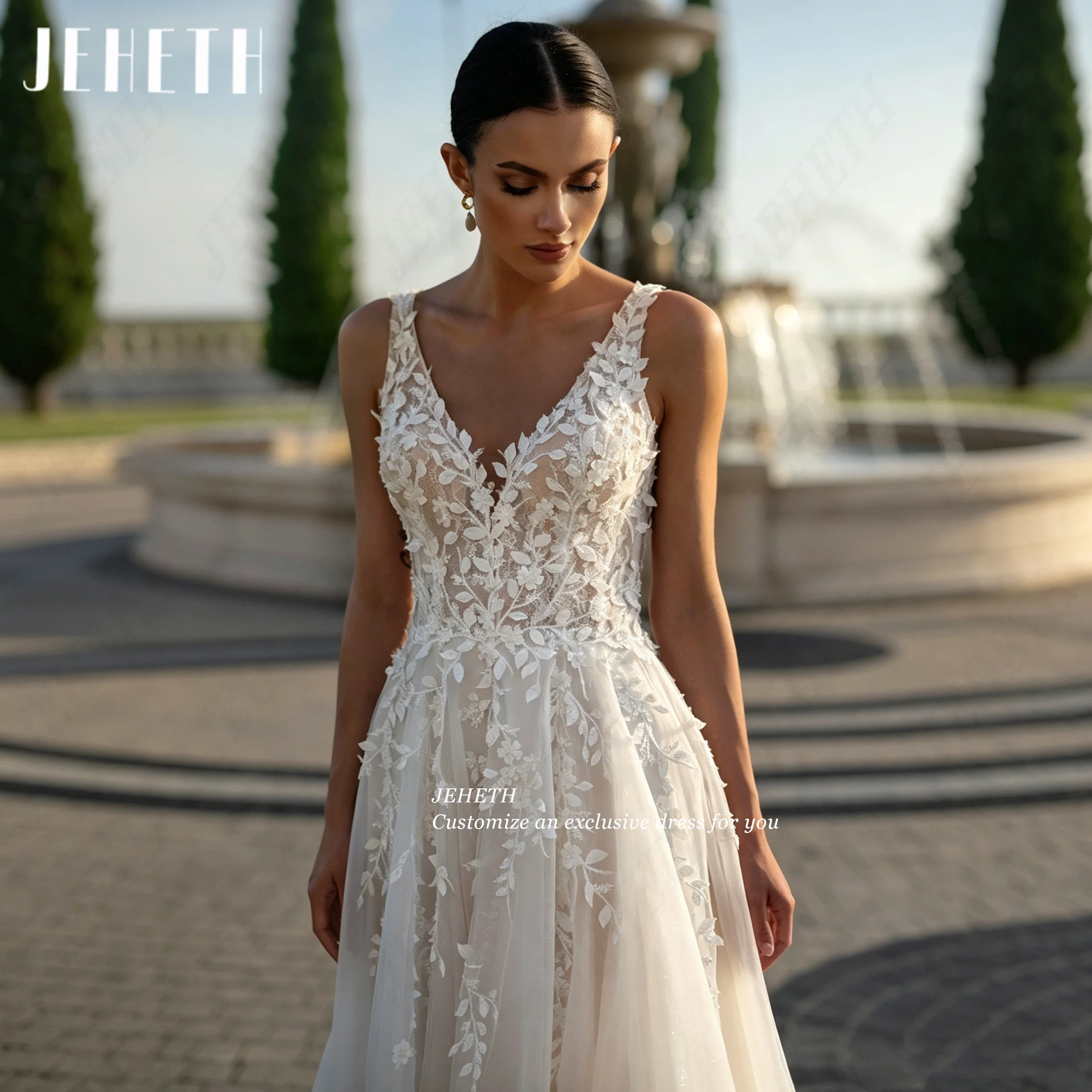 JEHETH Lace Appliques Wedding Dresses Tulle Spaghetti Strap Bride Party Dress V Neck A Line Bride Gowns For Women Customized
JEHETH Lace Appliques Wedding Dresses Tulle Spaghetti Strap Bride Party Dress V Neck A Line Bride Gowns For Women Customized