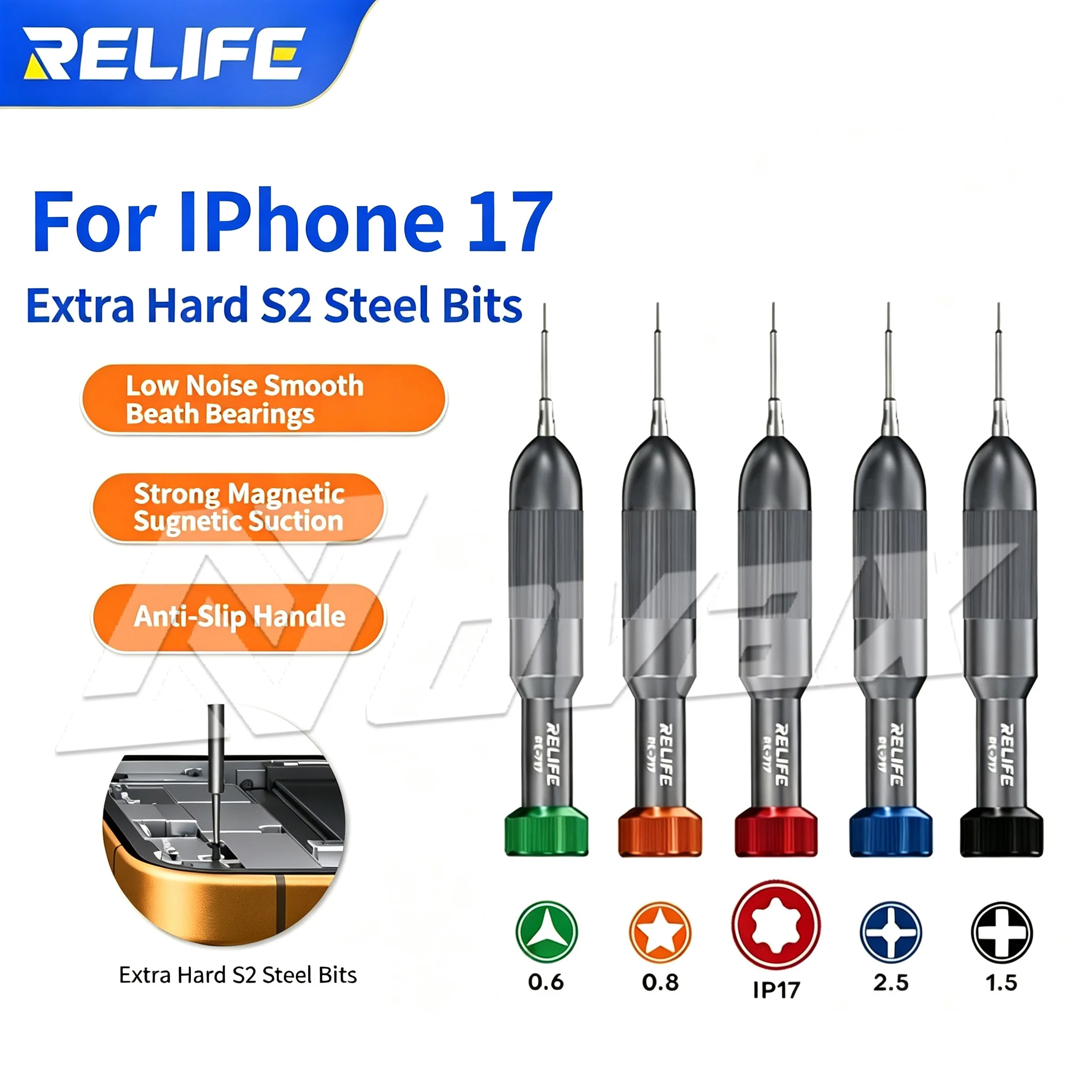RELIFE RL-717 5PCS rocket head screwdriver set S2 steel anti slip design suitable for iPhone 17 Android disassembly manual tool
RELIFE RL-717 5PCS rocket head screwdriver set S2 steel anti slip design suitable for iPhone 17 Android disassembly manual tool