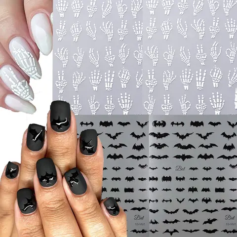 5D Skeleton Bat Halloween Nail Art Stickers y2k Black Bat White Skull Adhesive Emobossed Nail Decorative Decals Halloween Slider