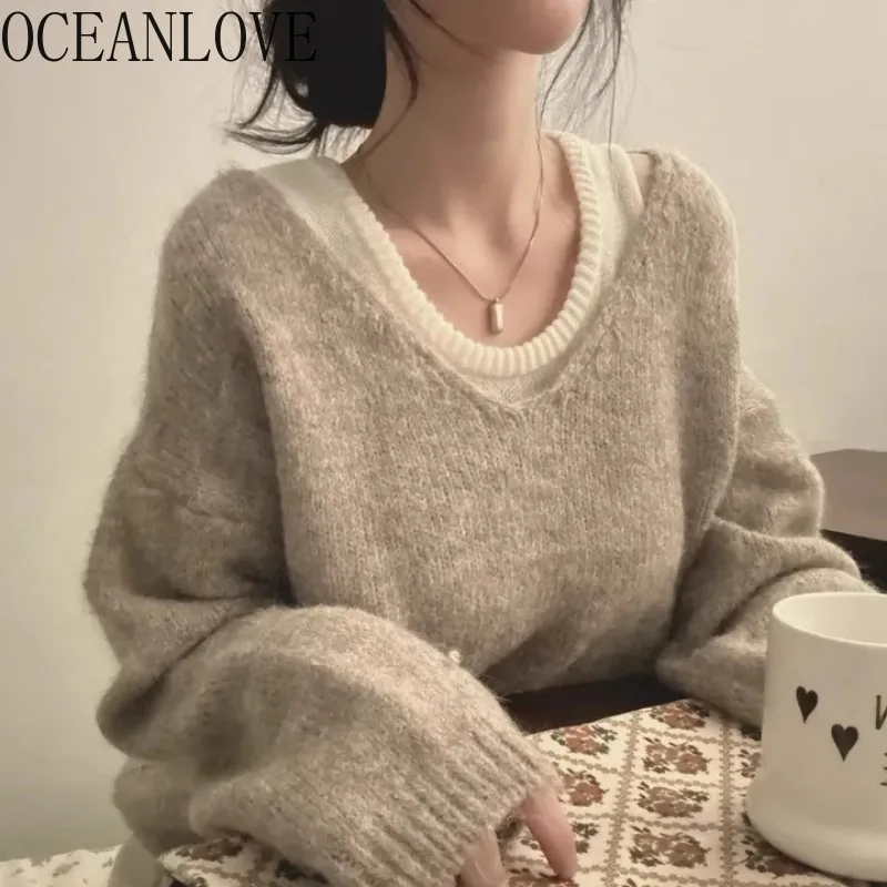 OCEANLOVE, женские свитера из 2 предметов, корейские модные однотонные шикарные осенне-зимние пуловеры с v-образным вырезом, простые элегантные повседневные пуловеры Femme
OCEANLOVE, женские свитера из 2 предметов, корейские модные однотонные шикарные осенне-зимние пуловеры с v-образным вырезом, простые элегантные повседневные пуловеры Femme