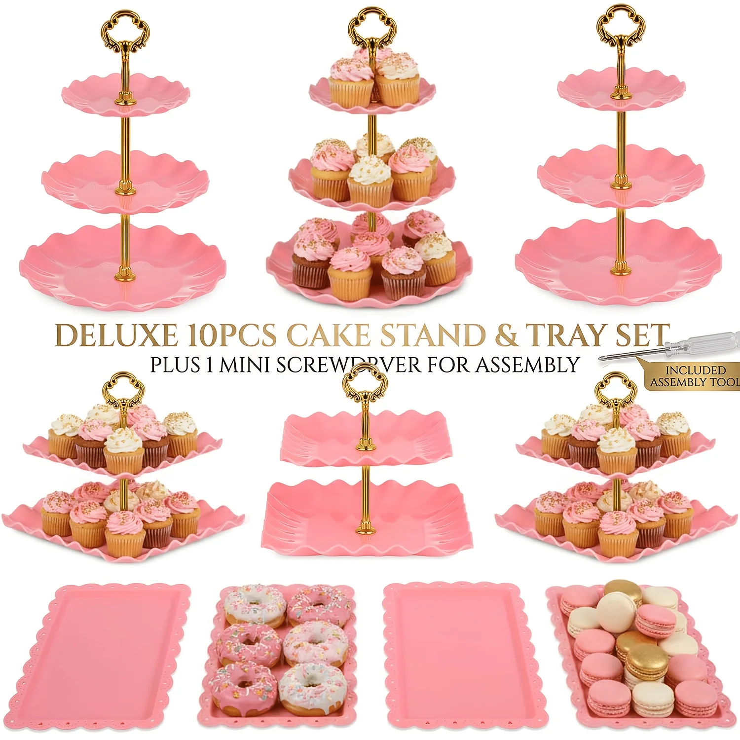 11pcs Pink Cake Stand Set with Electroplated Golden Struts, 10-Tiered Cupcake Display Tower & Dessert Trays with 1 Mini Screwdriver, Elegant Pastry Serving Platter for Birthday, Baby Shower, Weddings & Tea Parties JUYHGV
11pcs Pink Cake Stand Set with Electroplated Golden Struts, 10-Tiered Cupcake Display Tower & Dessert Trays with 1 Mini Screwdriver, Elegant Pastry Serving Platter for Birthday, Baby Shower, Weddings & Tea Parties JUYHGV