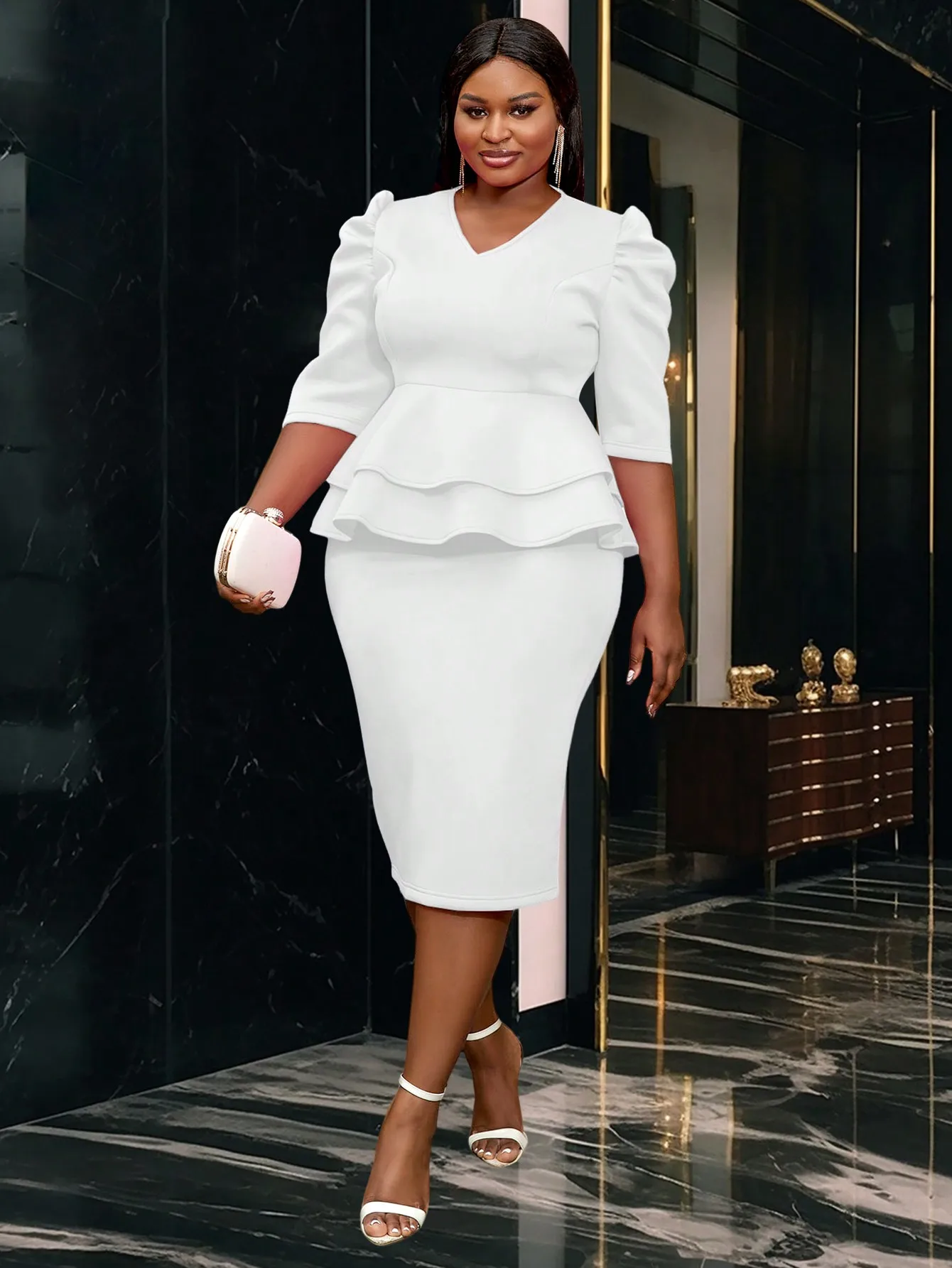 White Plus Size V-Neck Half Sleeve Peplum Dress for Party Wedding Occasion
White Plus Size V-Neck Half Sleeve Peplum Dress for Party Wedding Occasion