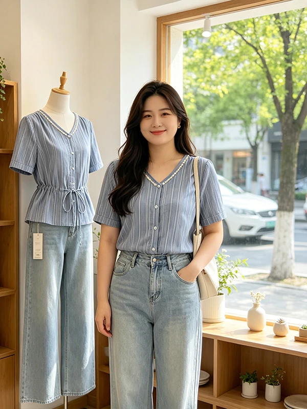plus Size Elegant Striped Texture Shirt Women's V-Neck Gathered Slimming Top Korean Style Commute Wind Short Sleeve Blouse
plus Size Elegant Striped Texture Shirt Women's V-Neck Gathered Slimming Top Korean Style Commute Wind Short Sleeve Blouse