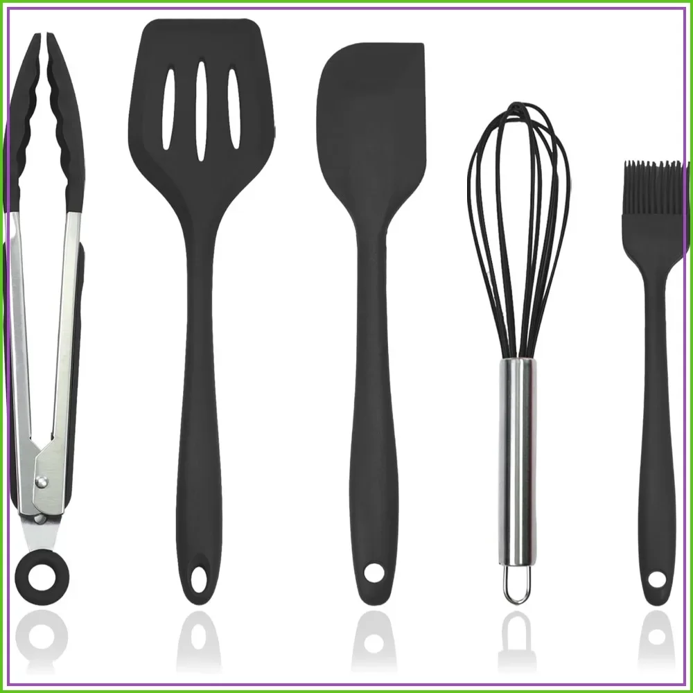 5-Piece Silicone Kitchen Utensil Set with Holder, Heat Resistant to 446°F, Nonstick Safe, Dishwasher Safe, Black
5-Piece Silicone Kitchen Utensil Set with Holder, Heat Resistant to 446°F, Nonstick Safe, Dishwasher Safe, Black