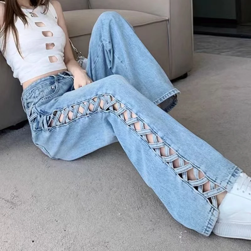 Women's Side Hollowed Out Design Blue Jeans Streetwear Denim Trousers Vintage Female Fashion Baggy Pants Street Clothes
Women's Side Hollowed Out Design Blue Jeans Streetwear Denim Trousers Vintage Female Fashion Baggy Pants Street Clothes