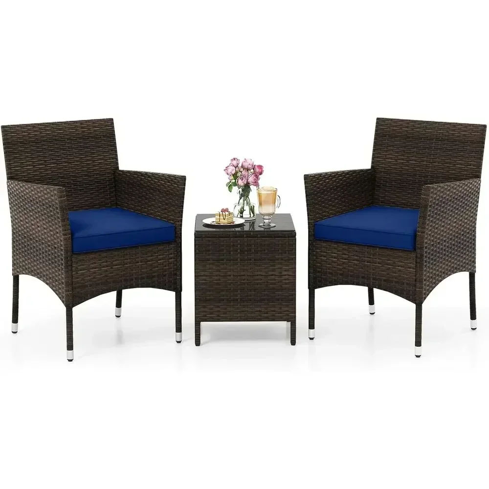 Navy Blue Outdoor Wicker Bistro Set with Cushions and Glass Top Table for Patio, Porch, or Balcony
Navy Blue Outdoor Wicker Bistro Set with Cushions and Glass Top Table for Patio, Porch, or Balcony