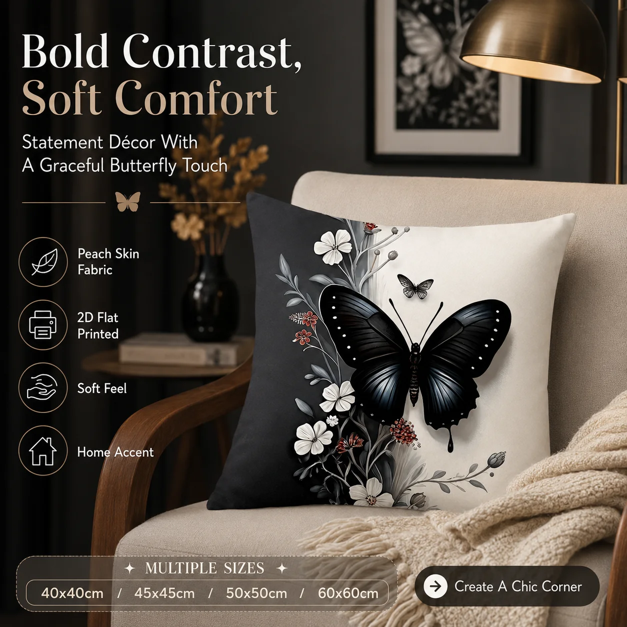Elegant Black Butterfly Floral Pillowcase 2D Flat Printed Peach Skin Cushion Cover Nature Sofa Throw Pillow Living Room Decor
Elegant Black Butterfly Floral Pillowcase 2D Flat Printed Peach Skin Cushion Cover Nature Sofa Throw Pillow Living Room Decor