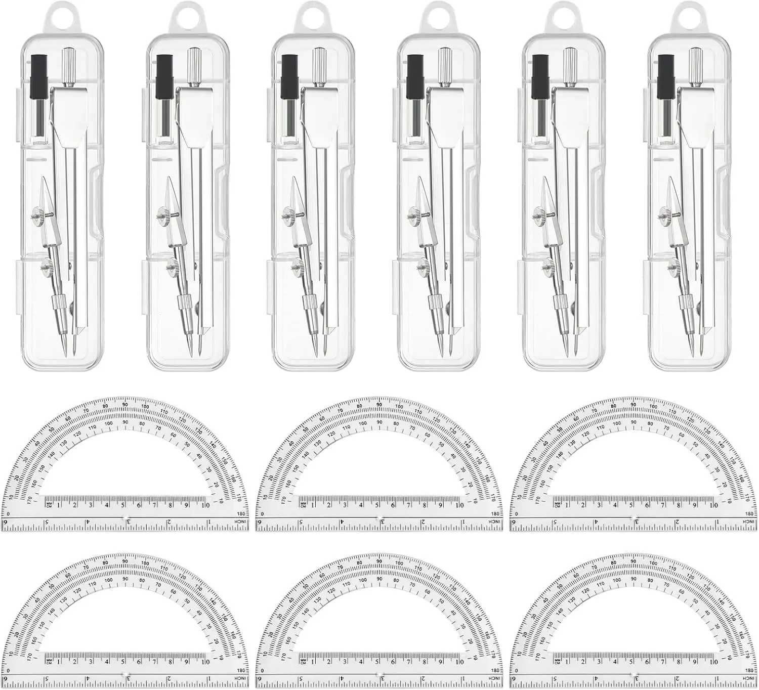 6 Sets Compass & Protractor Set, Metal Compass & 6 Inch 180 Degree Protractor, Geometry Math Kit for School Office
6 Sets Compass & Protractor Set, Metal Compass & 6 Inch 180 Degree Protractor, Geometry Math Kit for School Office