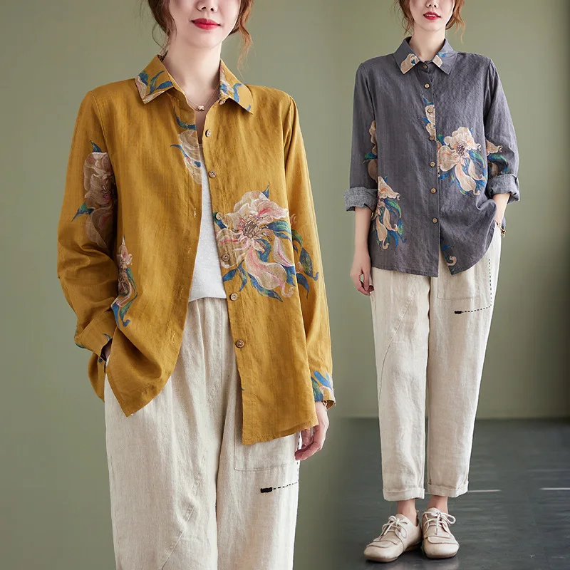 Spring And Summer New Artistic Loose Print Lapel Long Sleeved Shirt Yellow Women's Fashionable Single Breasted Elegant Blouse
Spring And Summer New Artistic Loose Print Lapel Long Sleeved Shirt Yellow Women's Fashionable Single Breasted Elegant Blouse