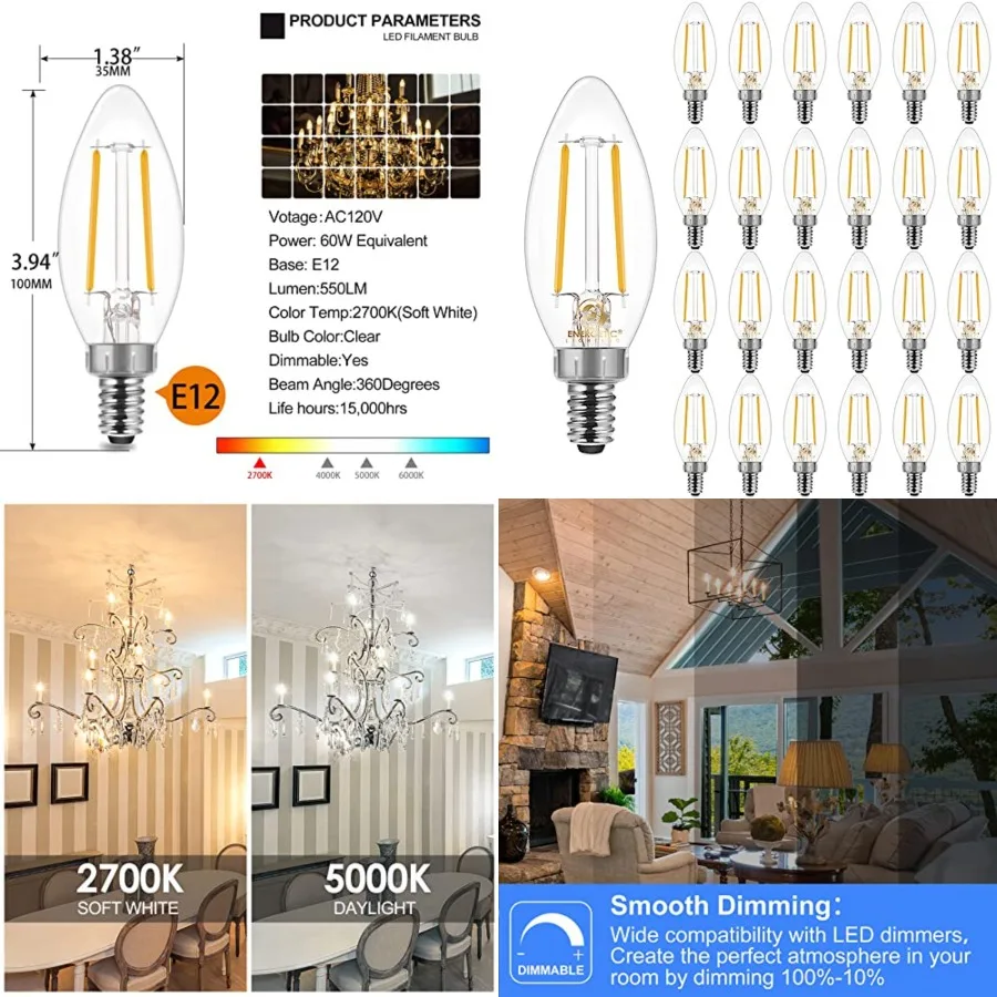ENERGETIC SMARTER LIGHTING B11 E12 Candelabra LED Bulbs 60 Watt Equivalent, Dimmable LED Chandelier Light Bulbs,,550LM, Decorat
ENERGETIC SMARTER LIGHTING B11 E12 Candelabra LED Bulbs 60 Watt Equivalent, Dimmable LED Chandelier Light Bulbs,,550LM, Decorat