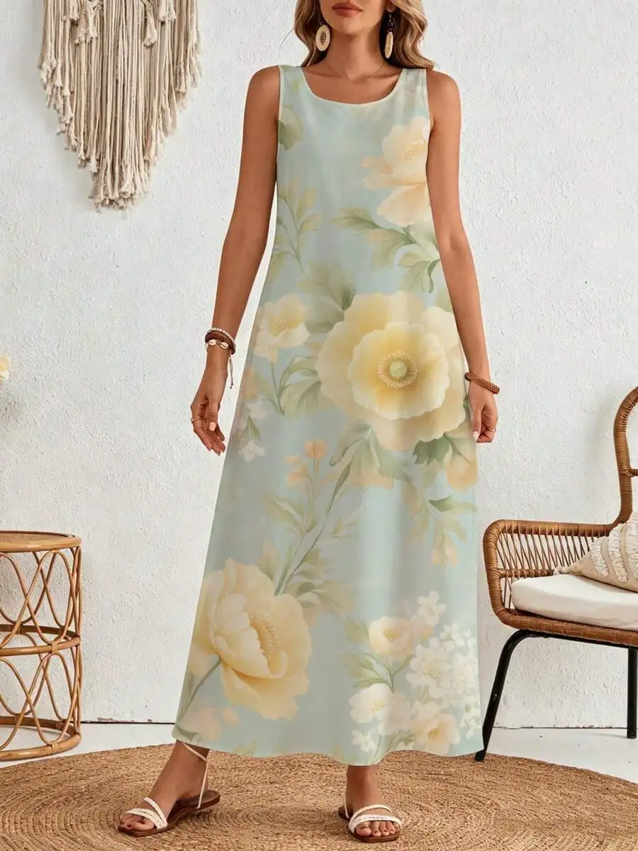 Floral Sleeveless Maxi Dress Light Blue Yellow Rose Print Summer Beach Vacation Wear
Floral Sleeveless Maxi Dress Light Blue Yellow Rose Print Summer Beach Vacation Wear