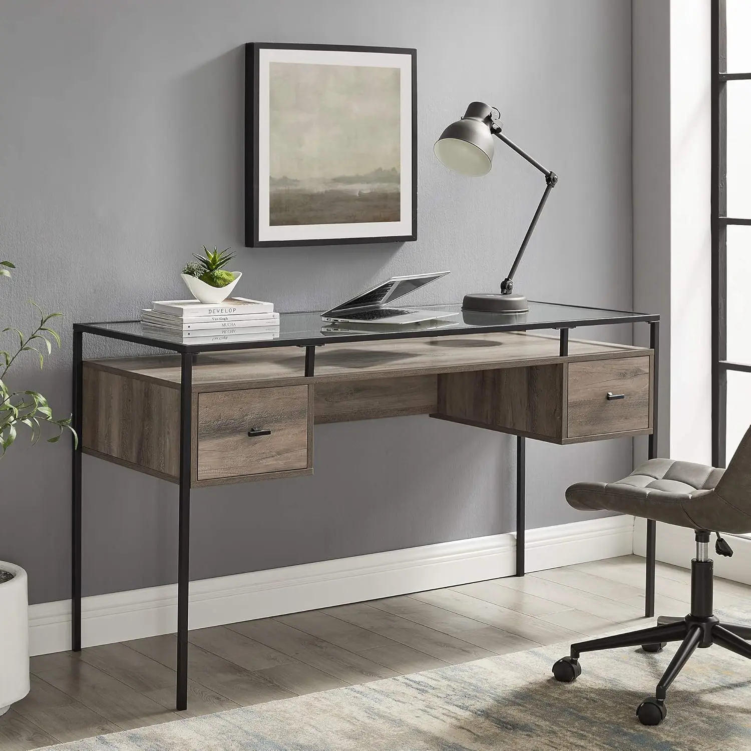 Writing Desk, 56, Glass Top 2 Der Computer, 52 Inch, Grey Wash
Writing Desk, 56, Glass Top 2 Der Computer, 52 Inch, Grey Wash