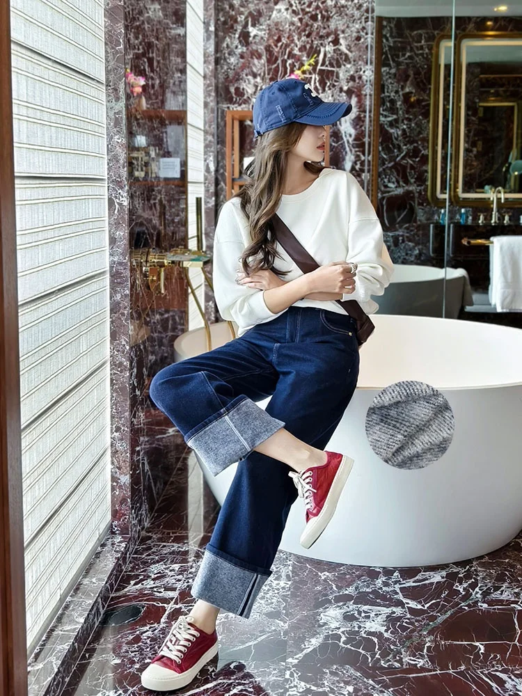 Meiyang Blueberry Roll Fce Прямые джинсы на подкладке с высокой талией Зимние теплые повседневные джинсовые брюки Женские свободные брюки глубокого цвета
Meiyang Blueberry Roll Fce Прямые джинсы на подкладке с высокой талией Зимние теплые повседневные джинсовые брюки Женские свободные брюки глубокого цвета