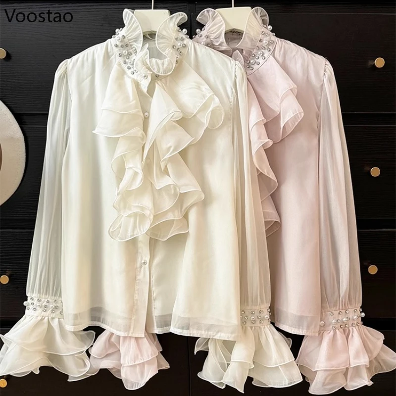 Сетчатые топы с оборками и бисером, женские корейские стильные модные дизайнерские блузки с расклешенными рукавами, осенние элегантные офисные женские однотонные базовые рубашки
Сетчатые топы с оборками и бисером, женские корейские стильные модные дизайнерские блузки с расклешенными рукавами, осенние элегантные офисные женские однотонные базовые рубашки