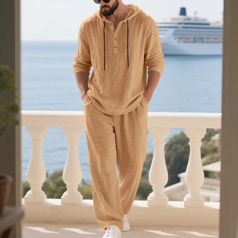 Casual Men's 2-Piece Tracksuit, Cotton Linen Hooded Shirt & Wide Leg Pants Soft Breathable Beach Vacation Outdoor Casual Clothes
Casual Men's 2-Piece Tracksuit, Cotton Linen Hooded Shirt & Wide Leg Pants Soft Breathable Beach Vacation Outdoor Casual Clothes