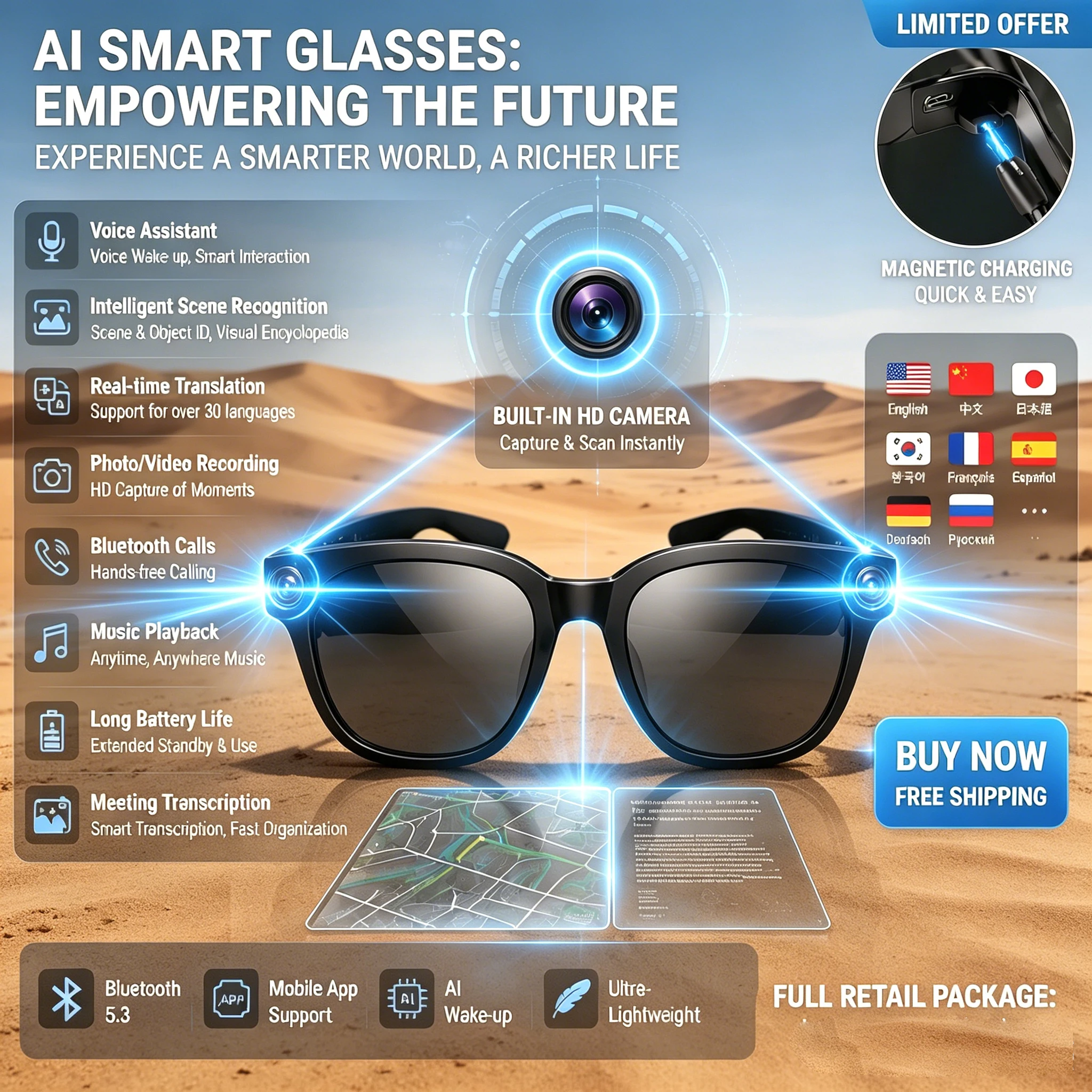 AI Smart Wireless Glasses Bluetooth Sunglasses Remote 4K Control Button Photo Camera Recording Voice Assistant Translator
AI Smart Wireless Glasses Bluetooth Sunglasses Remote 4K Control Button Photo Camera Recording Voice Assistant Translator