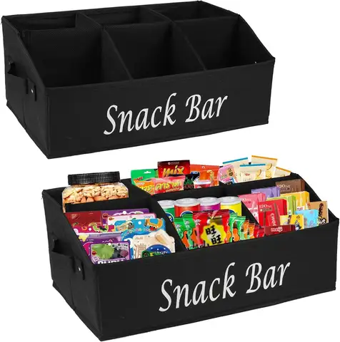 2 Pack Snack Organizer for Countertop With Handles - 6 Compartment Box Basket, Bar Station, Kitchen Cabinet Pantry Storage