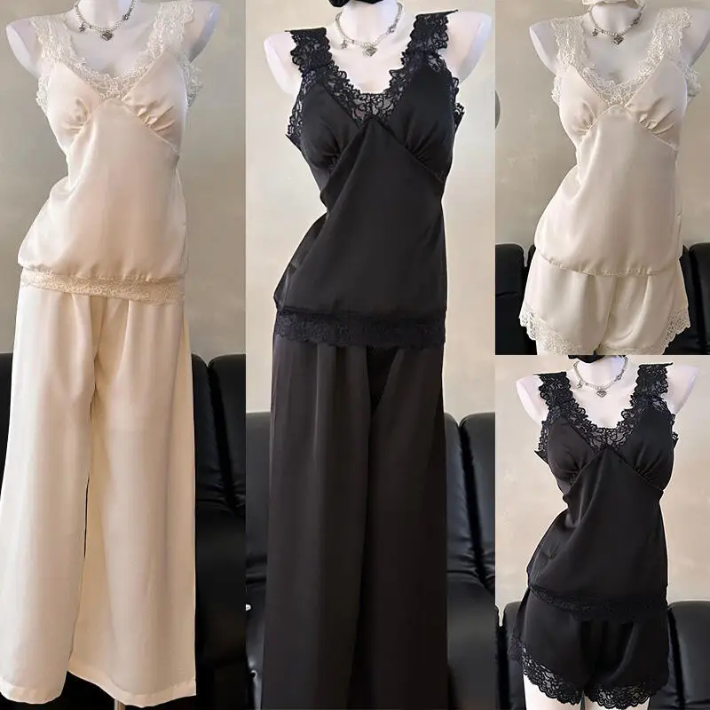 Ice Silk Home Clothes Lady Sexy Lace Patchwork Pajamas Suit 2Pcs Sleeveless Strap Top Pant Summer New Nightgown Sleepwear
Ice Silk Home Clothes Lady Sexy Lace Patchwork Pajamas Suit 2Pcs Sleeveless Strap Top Pant Summer New Nightgown Sleepwear