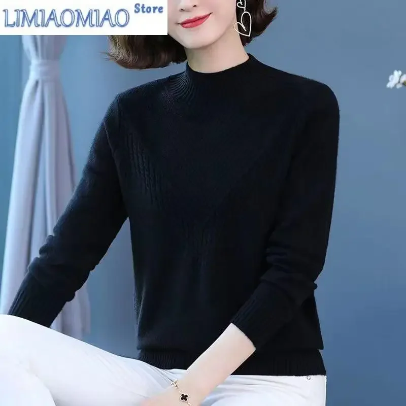 New Autumn/Winter Fashion Korean Edition Solid Jacquard Half High Neck Loose and Versatile Western Style Slim Mom's Sweater 
New Autumn/Winter Fashion Korean Edition Solid Jacquard Half High Neck Loose and Versatile Western Style Slim Mom's Sweater