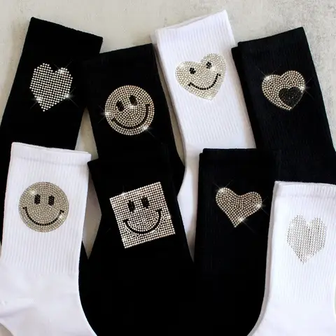 Korean Cotton Socks Heavy Work Middle Tube Heat Diamond Smiley Face Black White Women's Fashionable Spring Autumn Winter Socks