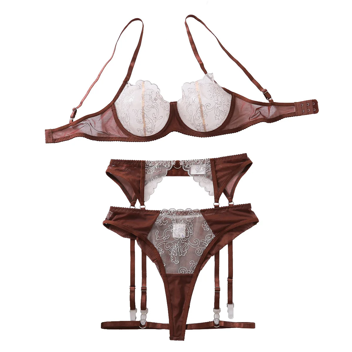 Винтажный коричневый комплект нижнего белья из прозрачной сетки из 3 предметов: бюстгальтер на косточках с белой цветочной вышивкой, трусики с вырезами, регулируемый пояс для чулок, женский
Винтажный коричневый комплект нижнего белья из прозрачной сетки из 3 предметов: бюстгальтер на косточках с белой цветочной вышивкой, трусики с вырезами, регулируемый пояс для чулок, женский