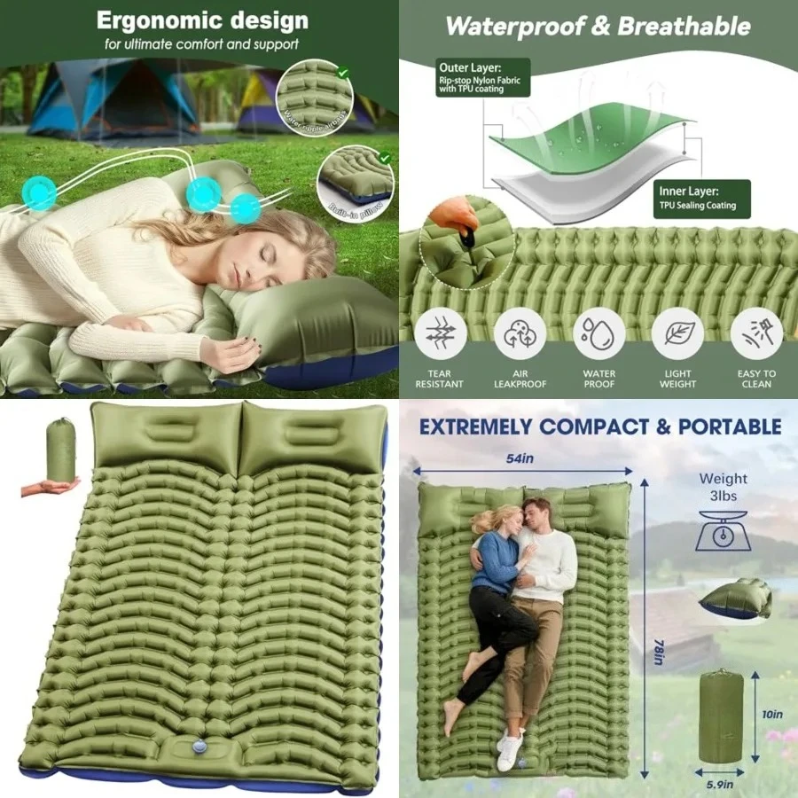 Double Sleeping Pad for Camping - Ultralight Camping Mattress with Pillow, Built-in Foot Pump, Compact Inflatable 2-Person Portable Mat for Backpacking, Hiking, Car Traveling, Beach, Tent
Double Sleeping Pad for Camping - Ultralight Camping Mattress with Pillow, Built-in Foot Pump, Compact Inflatable 2-Person Portable Mat for Backpacking, Hiking, Car Traveling, Beach, Tent