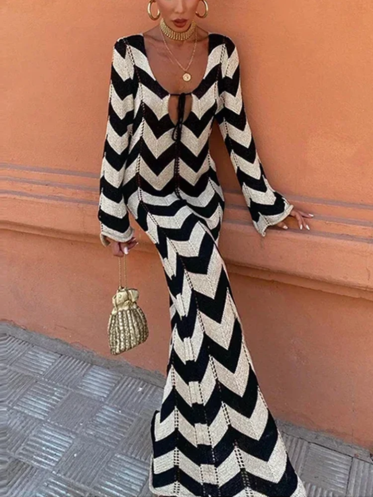 Women Tie Front Long Sleeve V Neck Striped Slim Knited Sweater Long Dress Sexy Party Dresses
Women Tie Front Long Sleeve V Neck Striped Slim Knited Sweater Long Dress Sexy Party Dresses