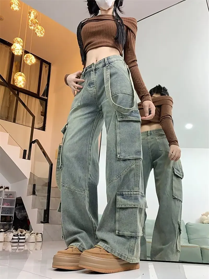 Women Vintage Blue Gothic Cargo Jeans Streetwear High Waist American Wide Leg Pants Fashion Y2K Style Female Straight Trousers
Women Vintage Blue Gothic Cargo Jeans Streetwear High Waist American Wide Leg Pants Fashion Y2K Style Female Straight Trousers