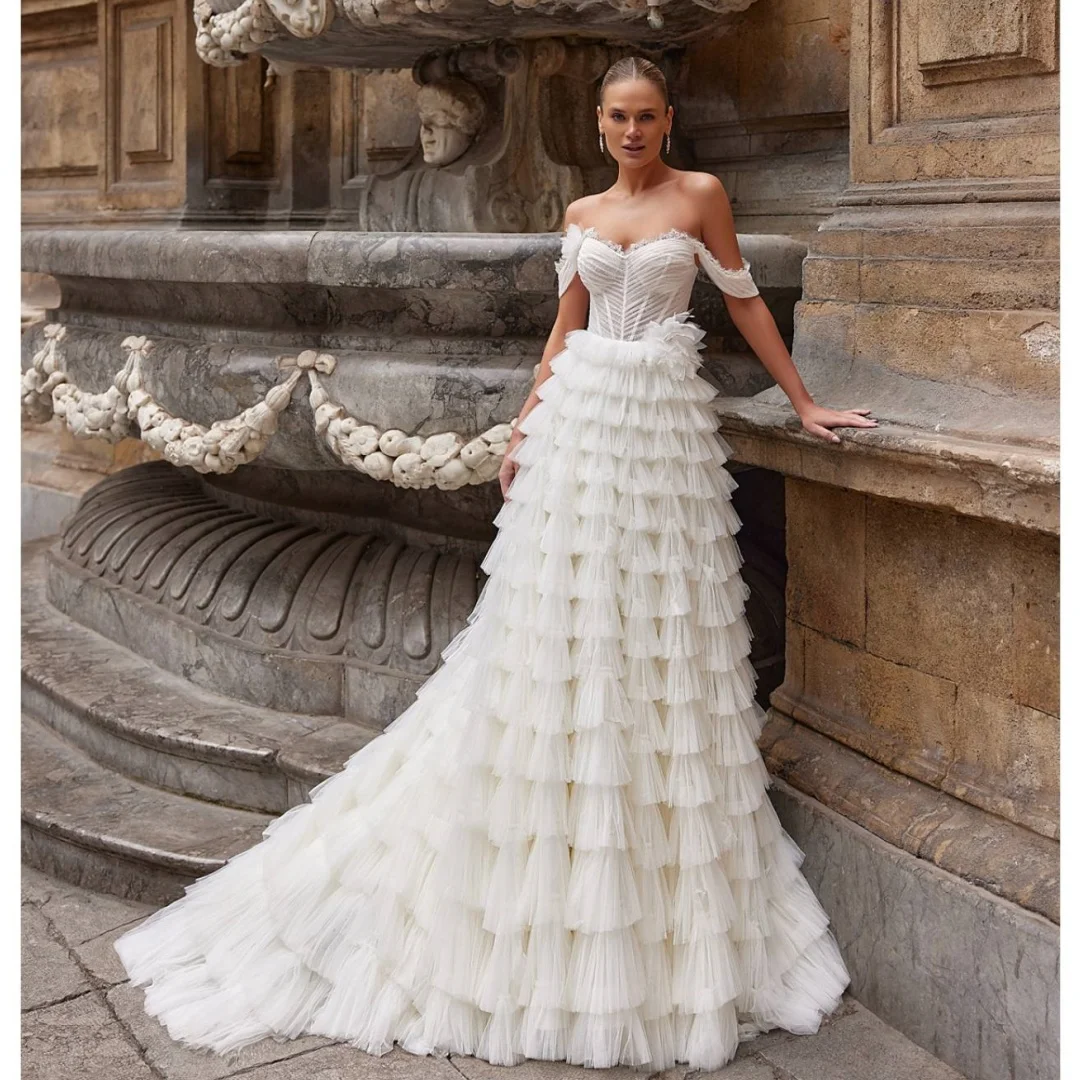 Tiered Ruffles Wedding Dresses Tulle Corset Off the Shoulder Bridal Gown Pleats Exquisite robe de mariée Customized
Tiered Ruffles Wedding Dresses Tulle Corset Off the Shoulder Bridal Gown Pleats Exquisite robe de mariée Customized