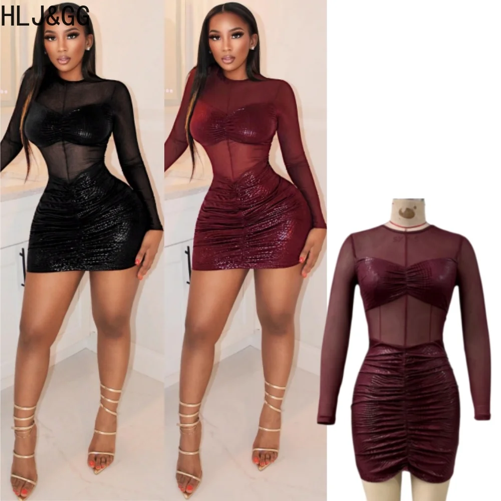 HLJ&GG Trend Sexy Splicing Mesh See Though Bodycon Mini Dresses Women Round Neck Long Sleeve Slim Ruched Vestidos Fashion Dress
HLJ&GG Trend Sexy Splicing Mesh See Though Bodycon Mini Dresses Women Round Neck Long Sleeve Slim Ruched Vestidos Fashion Dress