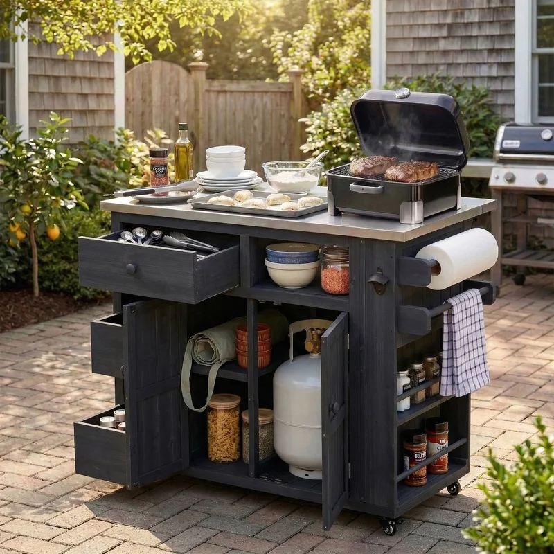Outdoor Kitchen Island with Stainless Steel Top, Extendable 19.3'' to 28'', Side Spice Rack, Drawers, Storage Cabinet for BBQ, Backyard, Party – Black
Outdoor Kitchen Island with Stainless Steel Top, Extendable 19.3'' to 28'', Side Spice Rack, Drawers, Storage Cabinet for BBQ, Backyard, Party – Black