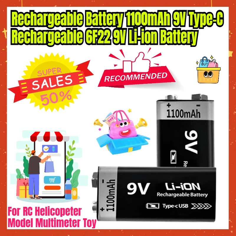 Rechargeable Battery 1100mAh 9V Type-C Rechargeable 6F22 9V Li-ion Battery for RC Helicopeter Model Multimeter Toy
Rechargeable Battery 1100mAh 9V Type-C Rechargeable 6F22 9V Li-ion Battery for RC Helicopeter Model Multimeter Toy