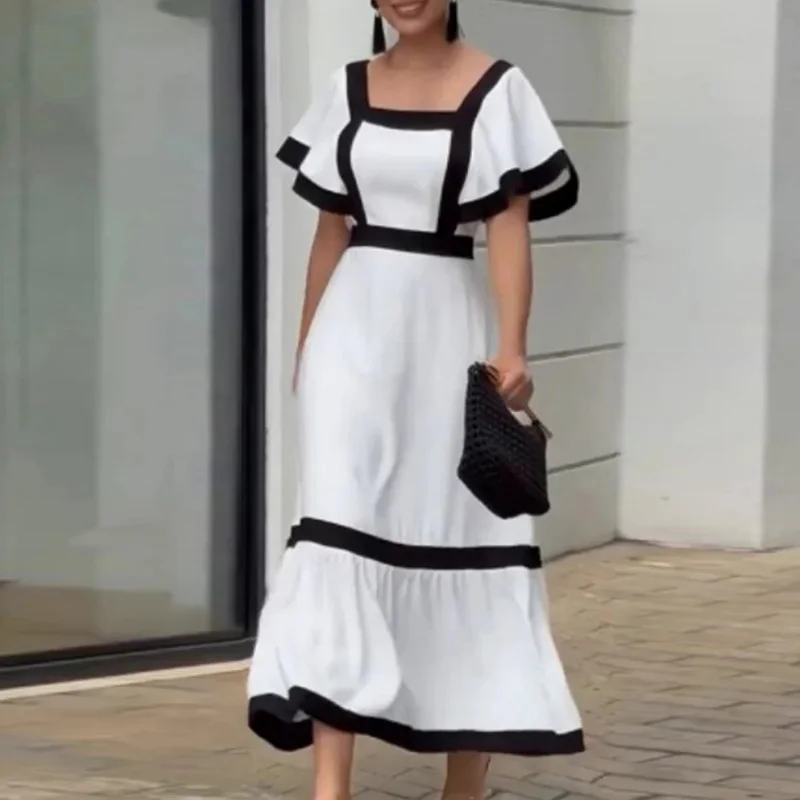 Elegant Square Collar Slim Big Swing Long Dress Fashion Contrast Color Waist Party Dress Women Casual Flying Sleeve Party Dress
Elegant Square Collar Slim Big Swing Long Dress Fashion Contrast Color Waist Party Dress Women Casual Flying Sleeve Party Dress